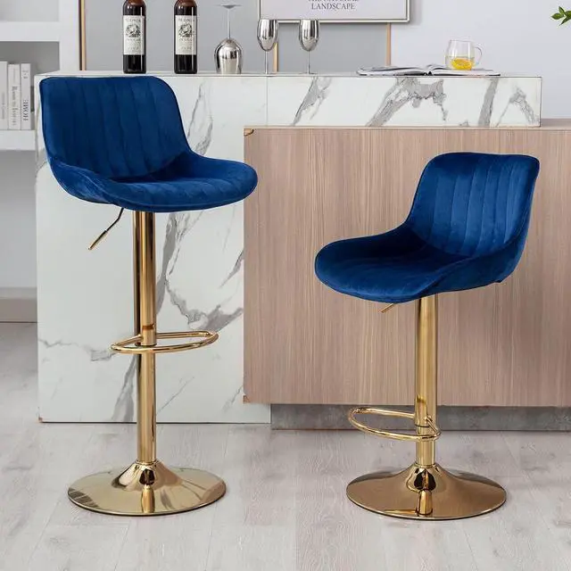 Alt view image 2 of 7 - Kiztir Velvet Bar Stools Set of 6, Adjustable Counter Height Bar Stools with Back and Footrest, Gold Swivel Bar Stools Set of 6 for Kitchen Island, Bar, Cafe (Blue)