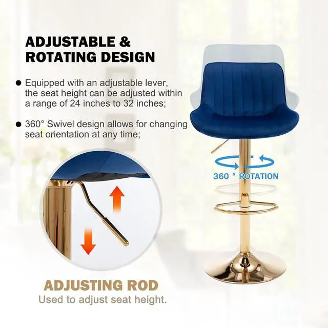 Alt view image 5 of 7 - Kiztir Velvet Bar Stools Set of 6, Adjustable Counter Height Bar Stools with Back and Footrest, Gold Swivel Bar Stools Set of 6 for Kitchen Island, Bar, Cafe (Blue)