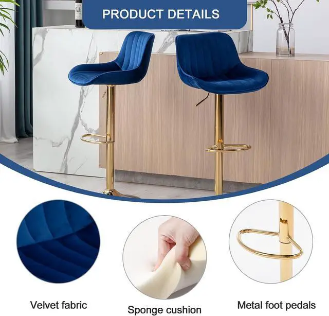 Alt view image 4 of 7 - Kiztir Velvet Bar Stools Set of 6, Adjustable Counter Height Bar Stools with Back and Footrest, Gold Swivel Bar Stools Set of 6 for Kitchen Island, Bar, Cafe (Blue)