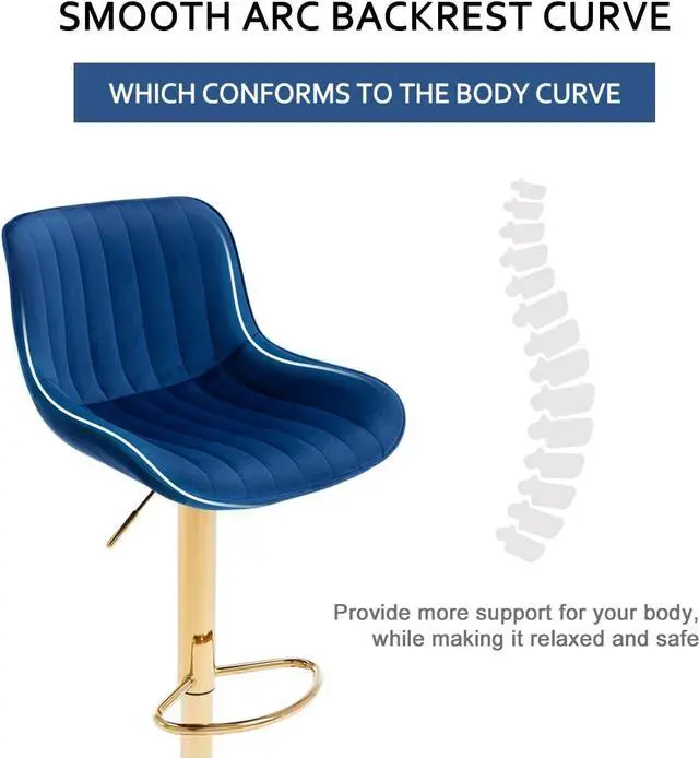 Alt view image 7 of 7 - Kiztir Velvet Bar Stools Set of 6, Adjustable Counter Height Bar Stools with Back and Footrest, Gold Swivel Bar Stools Set of 6 for Kitchen Island, Bar, Cafe (Blue)