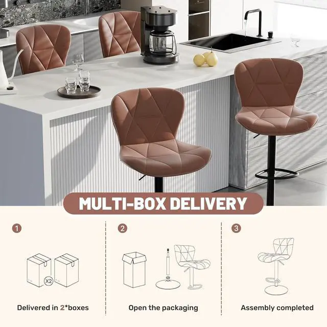 Alt view image 6 of 7 - Bar Stools Set of 4,Adjustable Swivel Barstools, Faux Leather Bar Chairs,Upholstered Counter Height with High Backrest for Kitchen Island,Light Brown