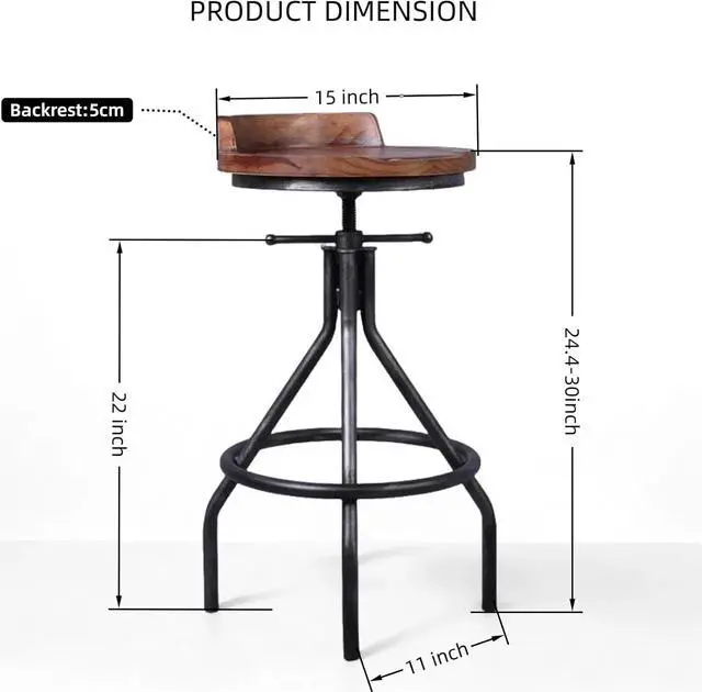 Alt view image 2 of 6 - Set of 2 Industrial Bar Stools with Mini Backrest Swivel Wooden Seat Counter Height Adjustable 24.4-30.3inch Kitchen Dining Chair
