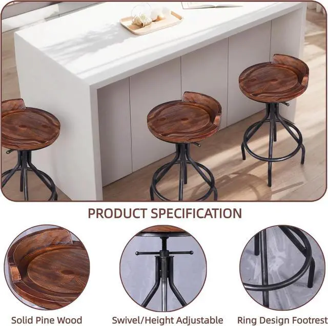 Alt view image 3 of 6 - Set of 2 Industrial Bar Stools with Mini Backrest Swivel Wooden Seat Counter Height Adjustable 24.4-30.3inch Kitchen Dining Chair