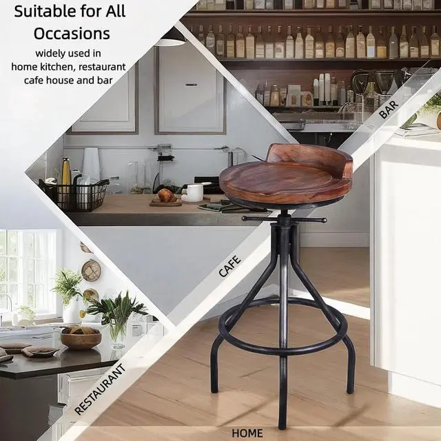 Alt view image 4 of 6 - Set of 2 Industrial Bar Stools with Mini Backrest Swivel Wooden Seat Counter Height Adjustable 24.4-30.3inch Kitchen Dining Chair