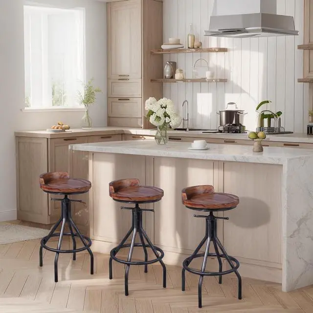 Alt view image 5 of 6 - Set of 2 Industrial Bar Stools with Mini Backrest Swivel Wooden Seat Counter Height Adjustable 24.4-30.3inch Kitchen Dining Chair