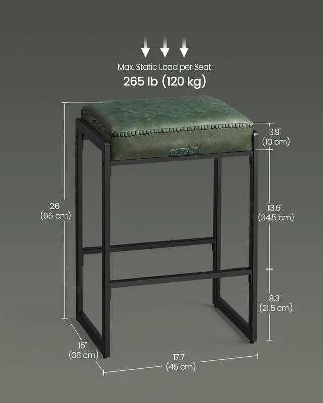 Alt view image 2 of 7 - VASAGLE EKHO Collection - Bar Stools Set of 2, Counter Height Bar Stools, Synthetic Leather with Stitching, Mid-Century Modern Counter Stools, 26-Inch Tall, Kichen Home Bar Dining Room, Forest Green
