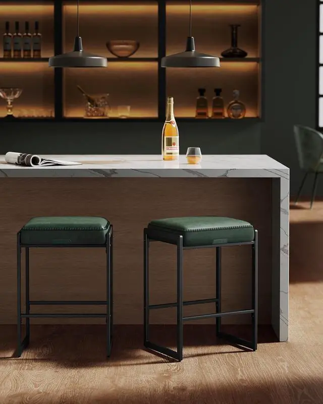 Alt view image 6 of 7 - VASAGLE EKHO Collection - Bar Stools Set of 2, Counter Height Bar Stools, Synthetic Leather with Stitching, Mid-Century Modern Counter Stools, 26-Inch Tall, Kichen Home Bar Dining Room, Forest Green