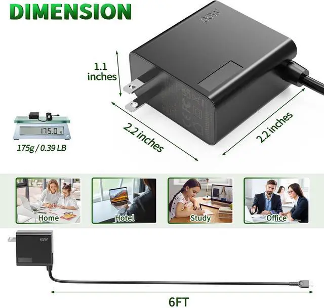 Alt view image 3 of 7 - 65W USB-C AC Laptop Charger Compatible with Lenovo ThinkPad T14 T15 E14 E15 X1 Carbon X13 Yoga Chromebook IdeaPad Power Supply Adapter