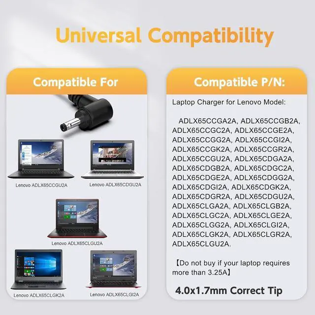 Alt view image 3 of 7 - 65W Charger Compatible with Lenovo ADLX65CCGU2A, ADLX65CDGU2A, ADLX65CLGU2A, ADLX65CLGK2A, ADLX65CLGI2A, ADLX65CLGE2A, ADLX65CLGC2A, ADLX65CLGA2A, ADLX65CDGI2A, ADLX65CDGE2A Laptop