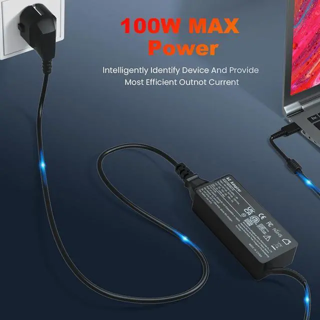 Alt view image 7 of 7 - PD 100W 90W USB-C Charger for Laptops - Compatible with HP, ASUS, Samsung, MacBook Pro, Air, iPad Pro, Acer, LG, Razer, Dell, Lenovo Laptop