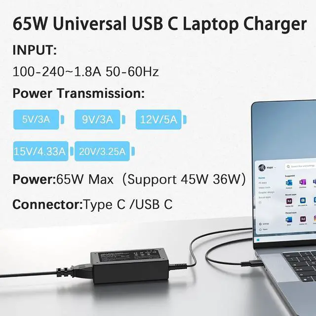 Alt view image 2 of 7 - 65W Universal Chromebook Charger USB C Laptop Charger Compatible with HP Dell Lenovo Asus Acer Samsung Thinkpad Yoga EliteBook Google Chromebook Type C Computer Power Cord AC Adapter