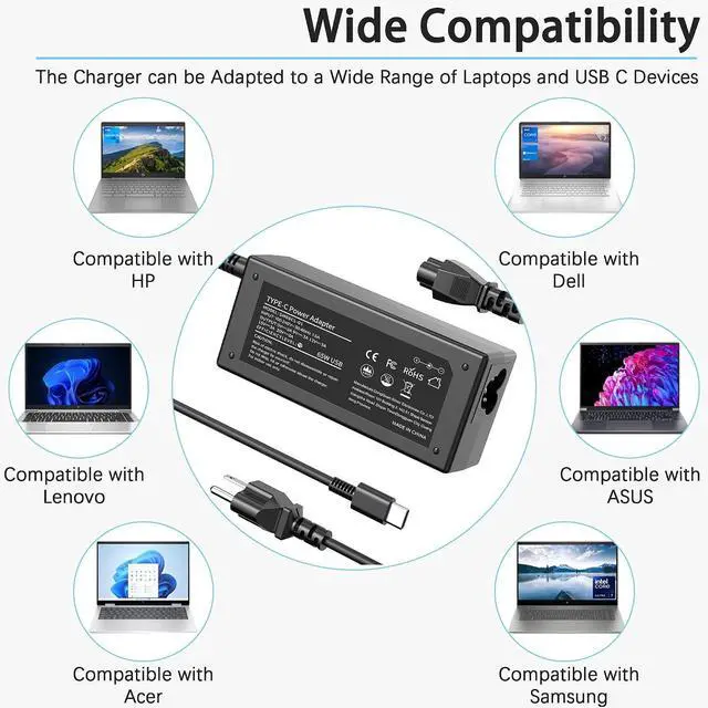 Alt view image 5 of 7 - 65W Universal Chromebook Charger USB C Laptop Charger Compatible with HP Dell Lenovo Asus Acer Samsung Thinkpad Yoga EliteBook Google Chromebook Type C Computer Power Cord AC Adapter