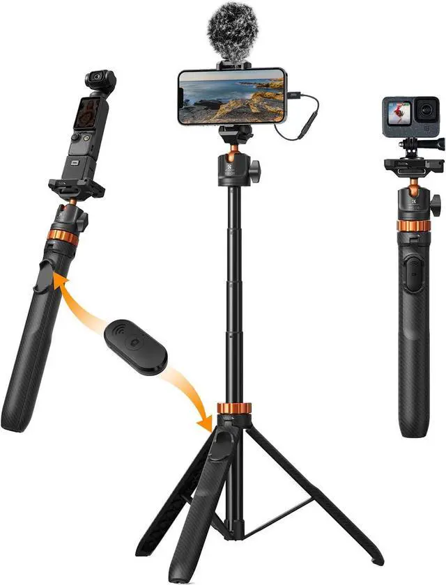 Main image of K&F CONCEPT MS08 62'' Phone Selfie Stick Tripod, 2-in-1 Extendable Cell Phone Tripod Stand with Remote, 360° Ball Head Camera Tripod Compatible with DJI Osmo Pocket 4/3 GoPro 13/12 iPhone17.