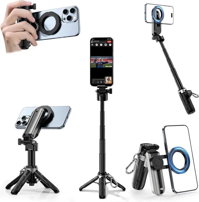 Main image of CloudValley Magnetic Selfie Stick & Mini Tripod, 360° Rotation Extendable Handheld Stabilizer/Camera Grip with Remote, 5 in 1 Portable Phone Stand for iPhone/Android, Travel Vlog, Live Stream, Black