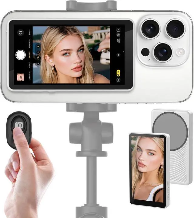 Main image of Henrety Wireless Vlog Selfie Monitor Screen for iPhone & Android, Bluetooth Remote, 180° Flip, Magnetic Stand, Wide Screen Mode, 1800mAh Battery, Rear Camera Live View for TikTok & YouTube (White)