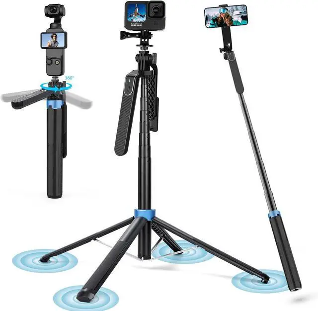 Main image of 71" 4-Leg Selfie Stick Tripod for GoPro/Osmo Pocket 3/insta360/iPhone/Android, Cell Phone Tripod Stand with Remote & 360 Rotation Pan-Handle for Travel Vlogging Video Recording
