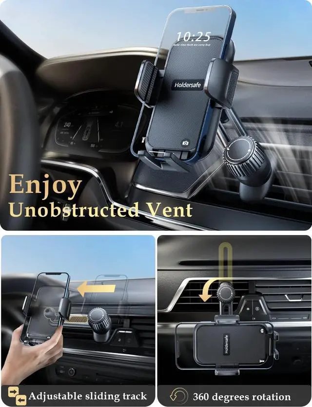 Alt view image 2 of 7 - Holdersafe Phone Holder for Car Vent: [Never Blocking] Air Vent Cell Phones Mount for iPhone & Samsung Android Smartphones Universal [Thick Cases Friendly] Hands-Free Auto Mobile Phone Stand