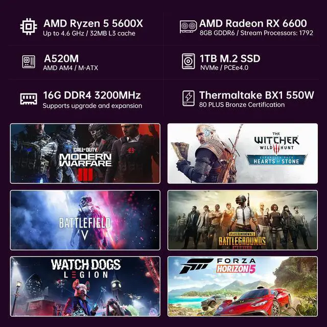Alt view image 2 of 7 - YLZKIX Gaming PC,AMD Ryzen 5 5600X 3.7GHz(up to 4.6GHz), Radeon RX 6600 8GB Desktop Computer, 1TB NVMe SSD, 16GB DDR4 3200MHz, ,550W PSU,USB WIFI6&Bluetooth Windows 11 Home & AI Powered Gamer PC