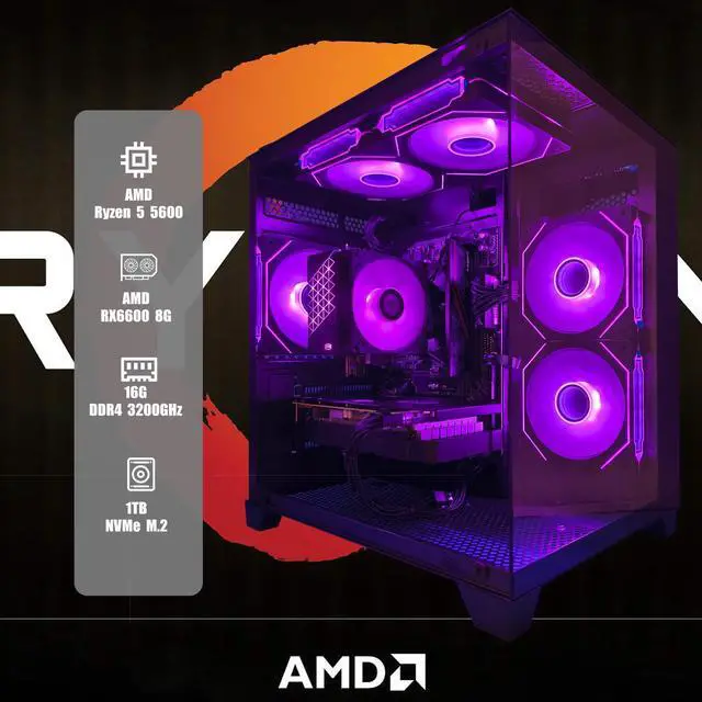 Alt view image 2 of 7 - YLZKIX Gaming PC,AMD Ryzen 5 5600 3.5GHz(up to 4.4GHz), Radeon RX 6600 8GB Desktop Computer, 1TB NVMe SSD, 16GB DDR4 3200MHz, ,550W PSU,USB WIFI6&Bluetooth Windows 11 Home & AI Powered Gamer PC