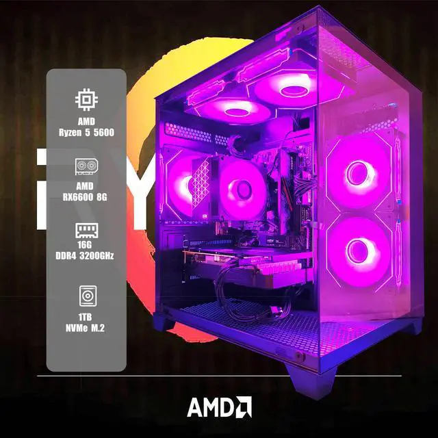 Alt view image 2 of 7 - YLZKIX Gaming PC,AMD Ryzen 5 5600 3.5GHz(up to 4.4GHz), Radeon RX 6600 8GB Desktop Computer, 1TB NVMe SSD, 16GB DDR4 3200MHz, ,550W PSU,USB WIFI6&Bluetooth Windows 11 Home & AI Powered Gamer PC