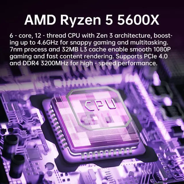 Alt view image 3 of 7 - YLZKIX Gaming PC,AMD Ryzen 5 5600X 3.7GHz(up to 4.6GHz), Radeon RX 6600 8GB Desktop Computer, 1TB NVMe SSD, 32GB DDR4 3200MHz, ,550W PSU,USB WIFI6&Bluetooth Windows 11 Home & AI Powered Gamer PC