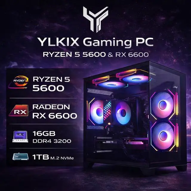 YLZKIX Gaming PC,AMD Ryzen 5 5600 3.5GHz(up to 4.4GHz), Radeon RX