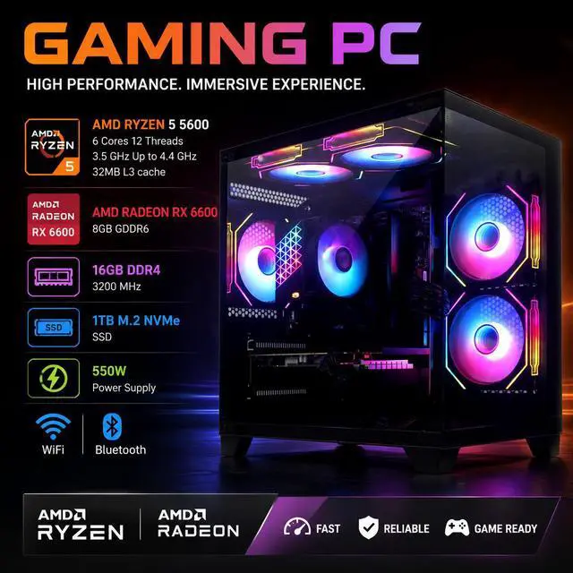 YLZKIX Gaming PC,AMD Ryzen 5 5600 3.5GHz(up to 4.4GHz), Radeon RX
