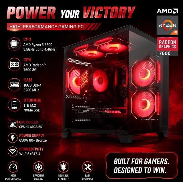 YLZKIX Gaming PC,AMD Ryzen 5 5600 3.5GHz(up to 4.4GHz), Radeon RX