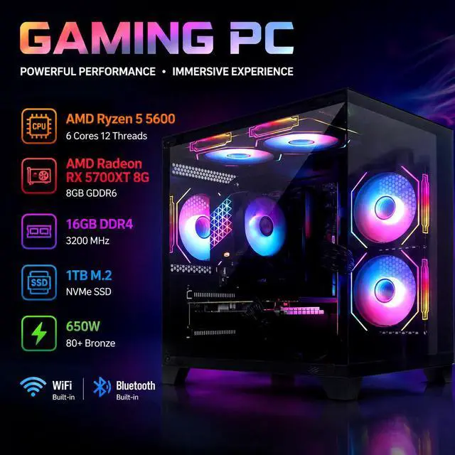 YLZKIX Gaming PC,AMD Ryzen 5 5600 3.5GHz(up to 4.4GHz), Radeon RX