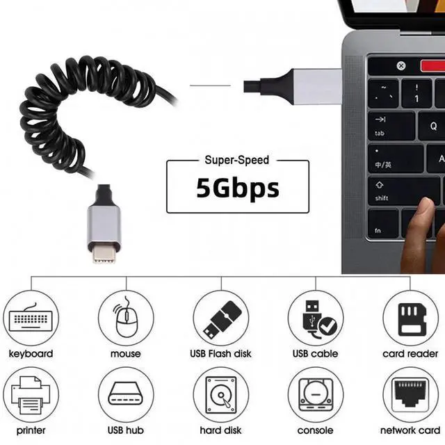 Alt view image 7 of 7 - USB 3.0 Type-A Male to USB-C Type-C Male Stretch Coiled Cable 100cm Extension 5Gbps for Disk Phone Camera Data