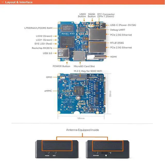 Alt view image 5 of 7 - NanoPi R76S Mini Router, RK3576 Octa-Core SoC with AI Model, LPDDR5 16GB RAM 32GB eMMC, 6TOPS NPU,Dual 2.5G Ethernet, Support M.2 Wi-Fi Module (with M.2 WiFi, LPDDR4X 4GB, Standard)