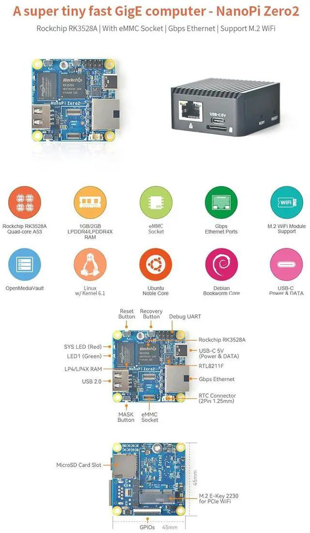 Alt view image 6 of 7 - NanoPi Zero2 Super Tiny Fast GigE Single Board Computer, 1GB/2GB LPDDR4X RAM Rockchip RK3528A SoC, Gigabit Ethernet Port for IoT Smart Home Gateway, Support FriendlyWrt Ubuntu (1GB RAM 64GB eMMC)