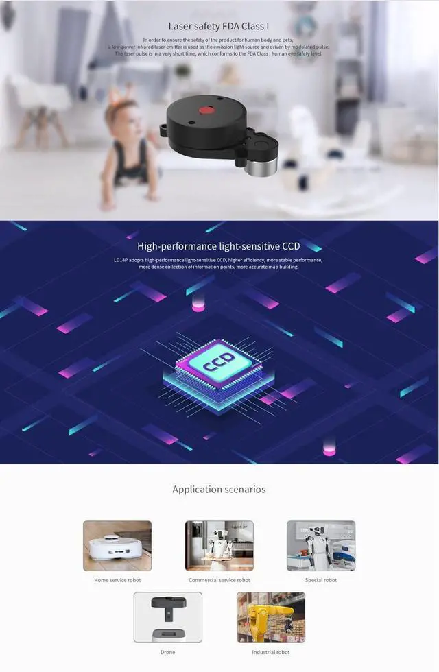 Alt view image 7 of 7 - LD14P 2D 360 Degree Lidar 2300Hz 8m Scanning Radius Distance Lidar Sensor Triangulation Scanner for Robot Obstacle Avoidance Autopilot Navigation