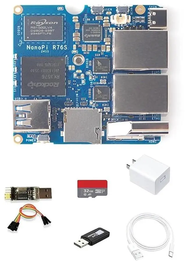 Main image of NanoPi R76S Mini Router, RK3576 Octa-Core SoC with AI Model, LPDDR5 16GB RAM 32GB eMMC, 6TOPS NPU,Dual 2.5G Ethernet, Support M.2 Wi-Fi Module (None M.2 WiFi, LPDDR4X 4GB, TF Card Kit)
