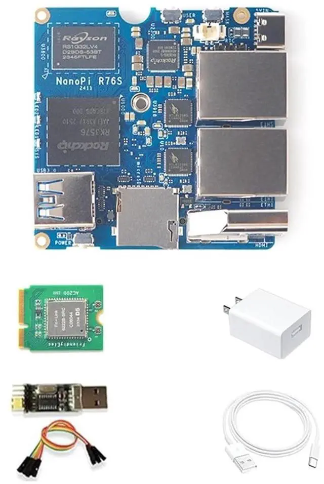 Main image of NanoPi R76S Mini Router, RK3576 Octa-Core SoC with AI Model, LPDDR5 16GB RAM 32GB eMMC, 6TOPS NPU,Dual 2.5G Ethernet, Support M.2 Wi-Fi Module (with M.2 WiFi, LPDDR4X 4GB, Power Kit)