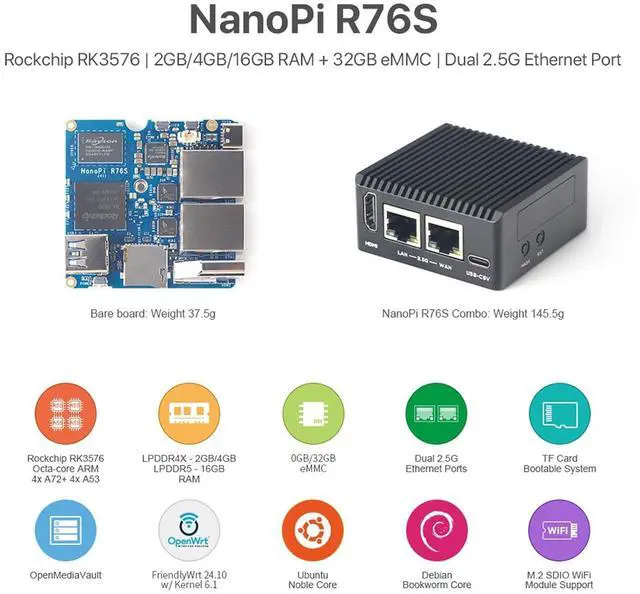 Alt view image 2 of 7 - NanoPi R76S Mini Router, RK3576 Octa-Core SoC with AI Model, LPDDR5 16GB RAM 32GB eMMC, 6TOPS NPU,Dual 2.5G Ethernet, Support M.2 Wi-Fi Module (with M.2 WiFi, LPDDR4X 4GB, Standard)