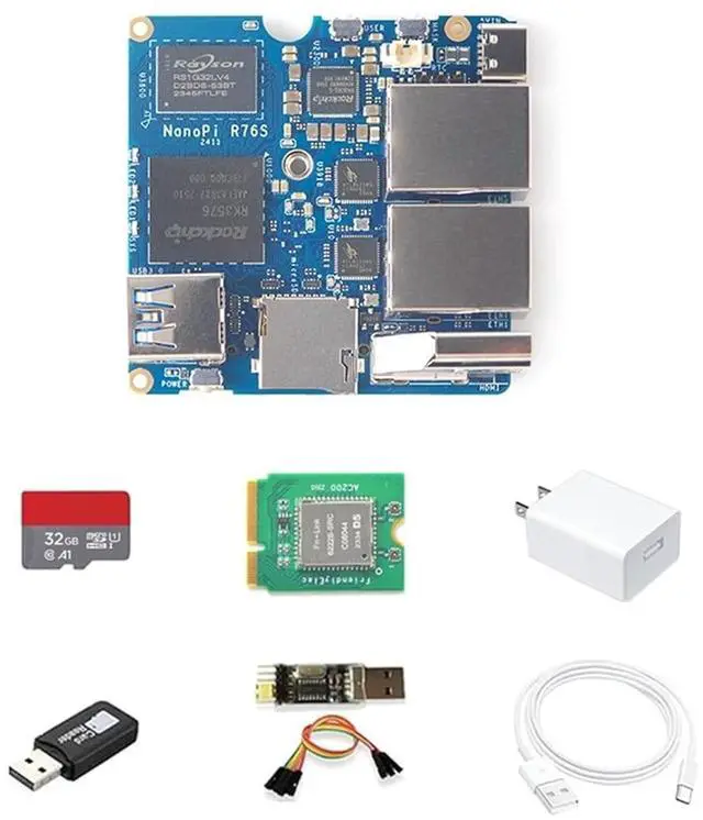 Main image of NanoPi R76S Mini Router, RK3576 Octa-Core SoC with AI Model, LPDDR5 16GB RAM 32GB eMMC, 6TOPS NPU,Dual 2.5G Ethernet, Support M.2 Wi-Fi Module (with M.2 WiFi, LPDDR4X 4GB, TF Card Kit)