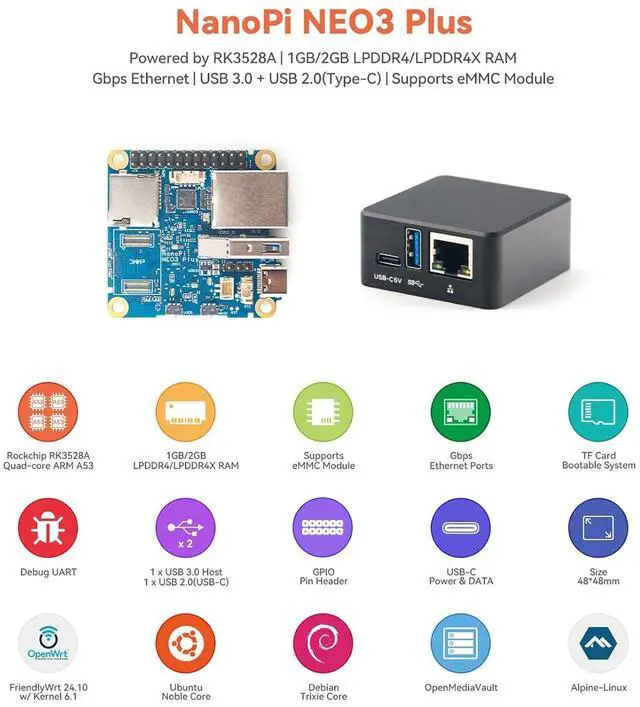 Alt view image 2 of 7 - FriendlyElec NanoPi NEO3 Plus Mini Router OpenWRT, 1GB/2GB LPDDR4 RAM, Rockchip RK3528A SoC, Gigabit Ethernet, USB 3.0, eMMC Module Slot, FriendlyWrt/Linux OS (with Case,1+0GB,Power Kit)