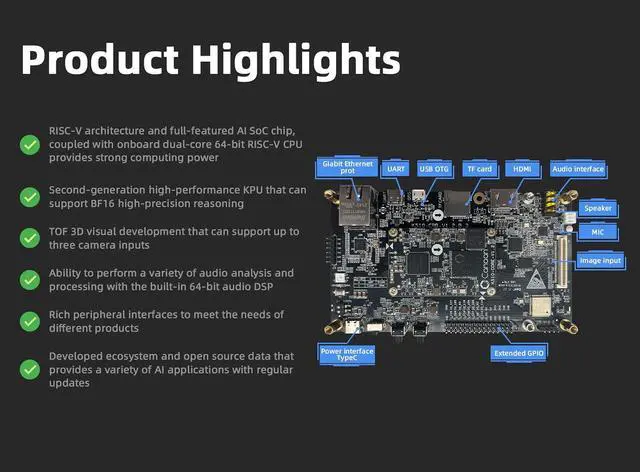 Alt view image 6 of 7 - Kendryte K510 RISC-V Linux Development Board - 64bit RISC-V AI SoC 2.5TOPS NPU, 512MB LPDDR3 RAM 16GB eMMC, 100/1000M Gbe Ethernet for AI IoT Deep Learning, Support Linux Ubuntu Image