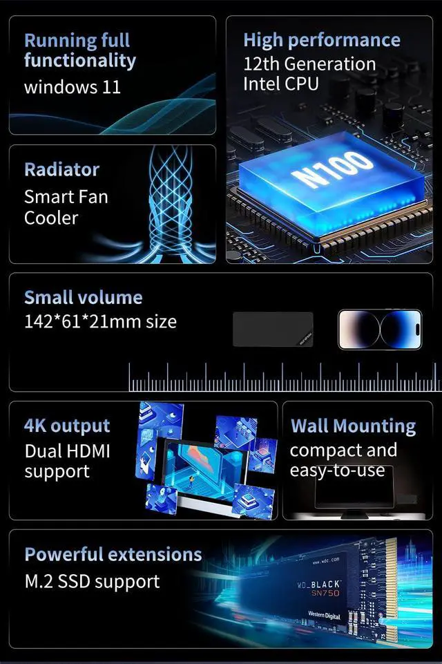 Alt view image 2 of 7 - BY52 Intel Alder-N Lake N100 Mini Computer,Windows 11 Pro Mini PC, LPDDR5 RAM, M.2 2280 NVME SSD, Support Dual 4K Display, WiFi6/BT5.2,Micro pc for Office Home Theater (BY52 M1)