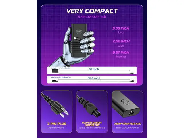 Alt view image 4 of 7 - 130W USB-C Laptop Charger AC Adapter Compatible with Dell XPS 15, 17, 9500, 9510, 9520, 9530, 9700, 9710, 9720, Precision 5550, 5560, 5570, 5530, 5750, 5760, Latitude 5410, 5510, 5520, 5431 Power Cord