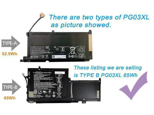 Alt view image 3 of 3 - PG03XL Battery for HP Spectre x360 15-AP000 Series | 65Wh Shape B | Replaces 831532-421, 831758-005, HSTNN-LB7C | 11.55V | NOTE: 52.5Wh Shape A Not Compatible