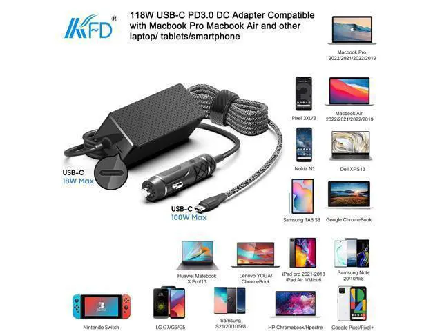 Alt view image 3 of 5 - KFD PD118W 100W 90W USB-C Laptop Car Charger DC Adapter Power Supply for DJI Mavic MacBook Pro Air M4 LG Gram Razer MSI Dell HP Lenovo Acer Samsung Asus Rog Ally Surface Laptop Tablet Phone Speaker