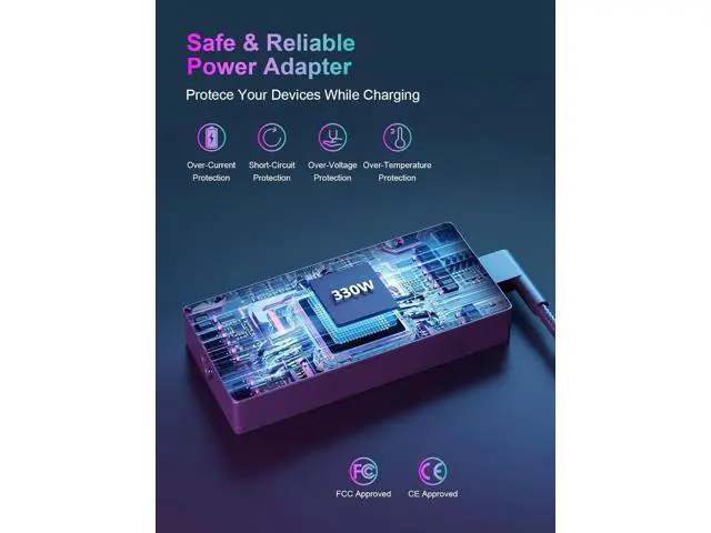 Alt view image 4 of 6 - Slim 330W 280W Gan Charger for MSI Stealth 18 AI Studio A1VIG-009US Gaming Laptop 20V 16.5A AC Power Supply Adapter Cord
