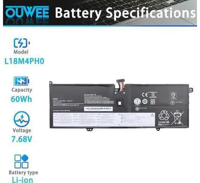 Alt view image 2 of 5 - L18M4PH0 Laptop Battery Compatible with Lenovo Ideapad Yoga C940-14IIL Series Notebook 5B10T11585 5B10W67374 L18C4PH0 5B10T11586 5B10W67180 7.68V 60Wh 7820mAh 4-Cell