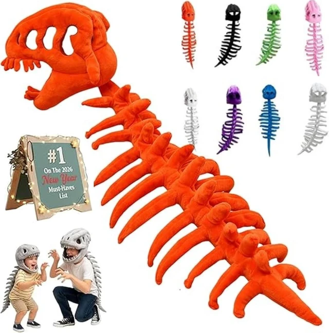 Main image of Silly Dino Plush Skeleton, Dinosaur Skeleton Costume 3D Cozy Dinosaur Plush, Huggable Softness Skeleton Costume for Dress Up, Parties Photos (Orange, 47 in)