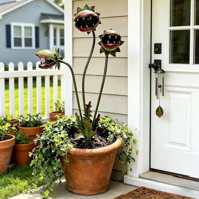 Main image of Whimsical Metal Carnivorous Plant Garden Stake, 25 Inch Large Venus Flytrap Monster Plant Sculpture, Durable Yard Art Decor for Outdoor Patios Lawn Planters Flower Beds Unique Quirky Garden Gift