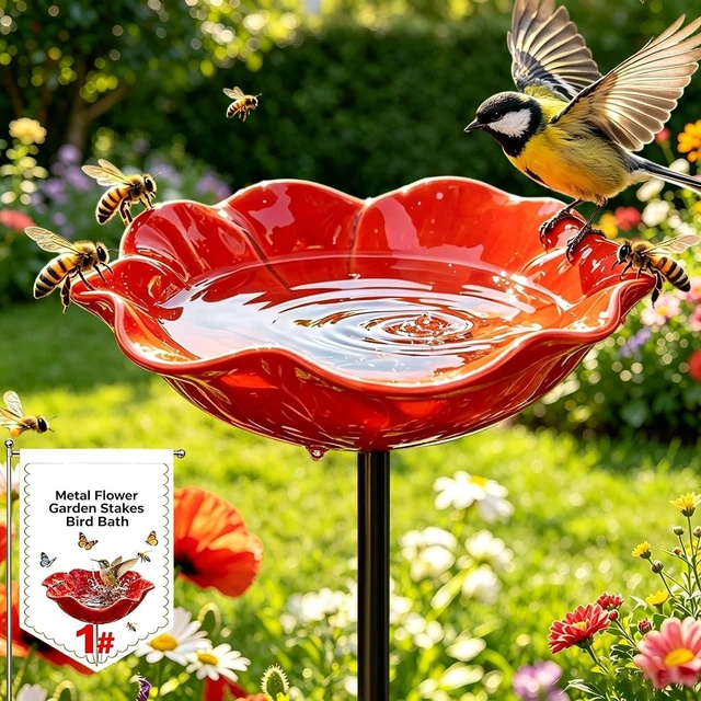 Main image of Metal Flower Garden Stakes Bird Bath, Handmade Metal Flower Garden Stake Everlasting Blooms Bowl Pollinator Watering Station, Mini Bird Bee Butterfly Puddler Decor for Outdoor Lawn Yard (1PCS A)