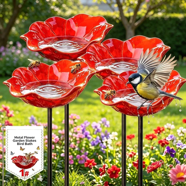 Main image of Metal Flower Garden Stakes Bird Bath, Handmade Metal Flower Garden Stake Everlasting Blooms Bowl Pollinator Watering Station, Mini Bird Bee Butterfly Puddler Decor for Outdoor Lawn Yard (4PCS A)