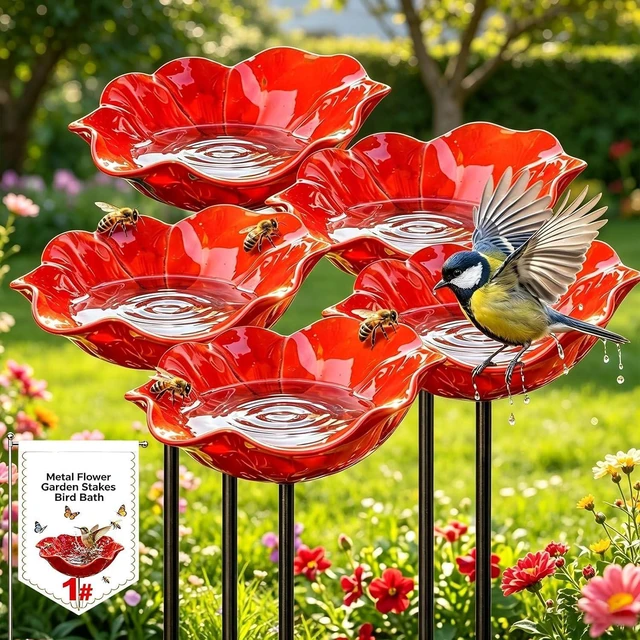 Main image of Metal Flower Garden Stakes Bird Bath, Handmade Metal Flower Garden Stake Everlasting Blooms Bowl Pollinator Watering Station, Mini Bird Bee Butterfly Puddler Decor for Outdoor Lawn Yard (5PCS)